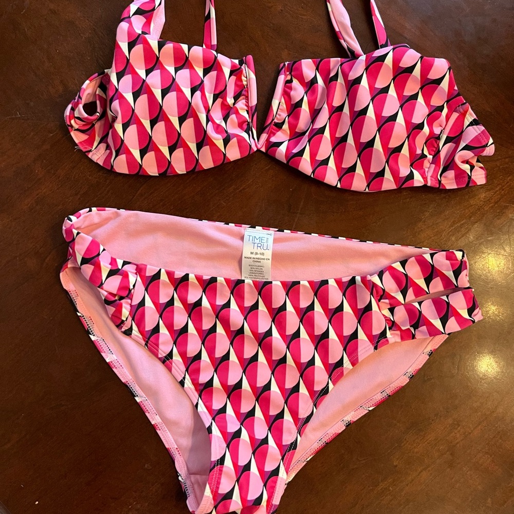 Time and Tru Pink and Black Patterned Bikini